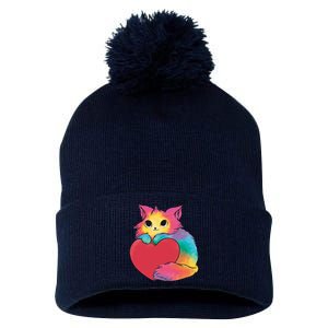 Rainbow Valentine Kitten Pom Pom 12in Knit Beanie