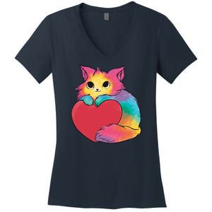 Rainbow Valentine Kitten Women's V-Neck T-Shirt