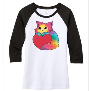 Rainbow Valentine Kitten Women's Tri-Blend 3/4-Sleeve Raglan Shirt