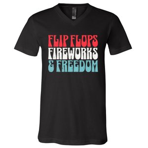 Retro American July 4th Summer Flip Flops Fireworks Freedom V-Neck T-Shirt