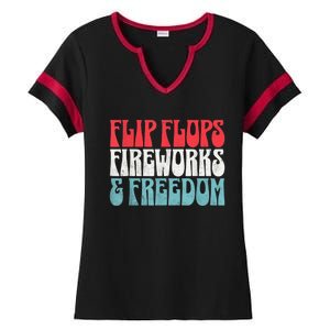 Retro American July 4th Summer Flip Flops Fireworks Freedom Ladies Halftime Notch Neck Tee