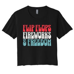 Retro American July 4th Summer Flip Flops Fireworks Freedom Women's Crop Top Tee