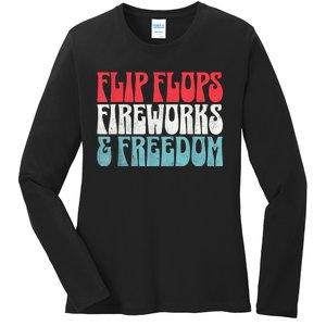 Retro American July 4th Summer Flip Flops Fireworks Freedom Ladies Long Sleeve Shirt