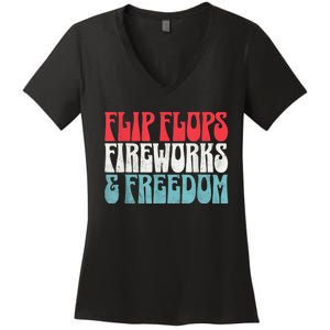 Retro American July 4th Summer Flip Flops Fireworks Freedom Women's V-Neck T-Shirt