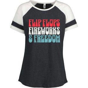 Retro American July 4th Summer Flip Flops Fireworks Freedom Enza Ladies Jersey Colorblock Tee