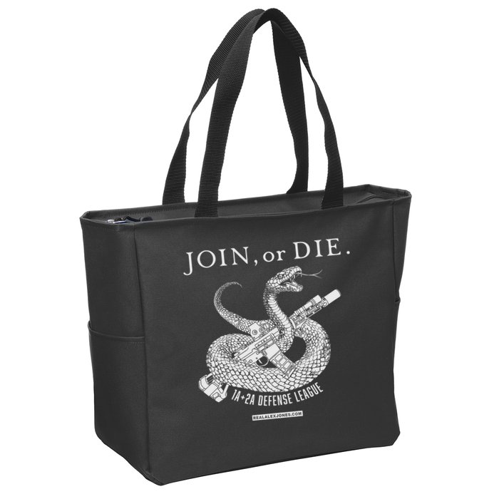 Real Alex Jones Store Join Or Die 1a + 2a Defense League Zip Tote Bag