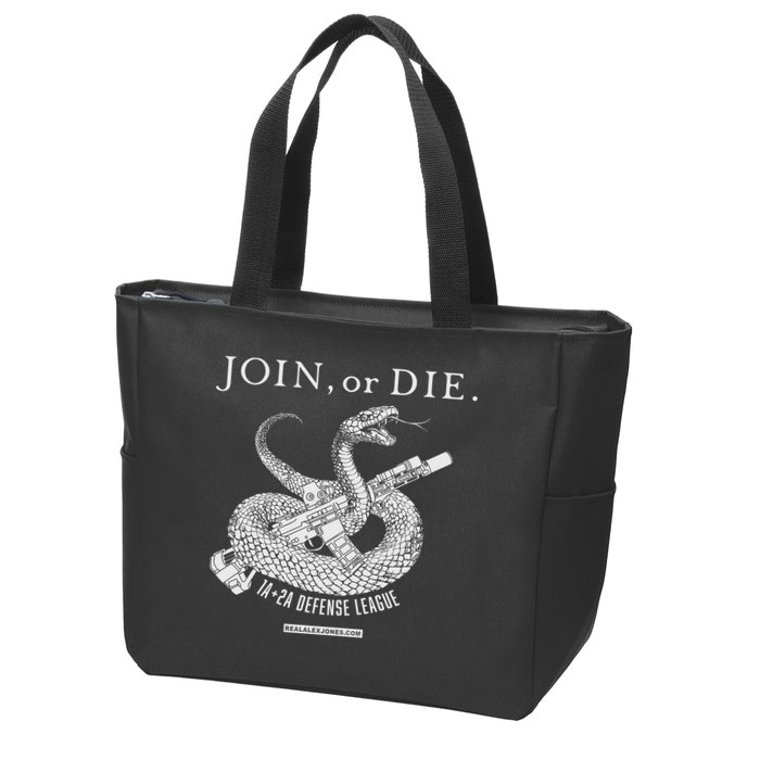 Real Alex Jones Store Join Or Die 1a + 2a Defense League Zip Tote Bag