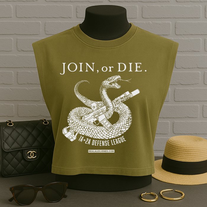 Real Alex Jones Store Join Or Die 1a + 2a Defense League Garment-Dyed Women's Muscle Tee