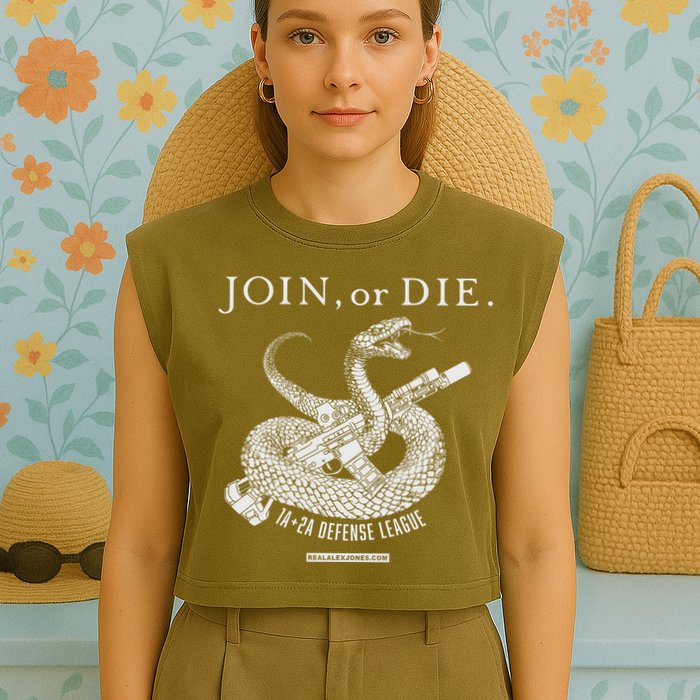 Real Alex Jones Store Join Or Die 1a + 2a Defense League Garment-Dyed Women's Muscle Tee