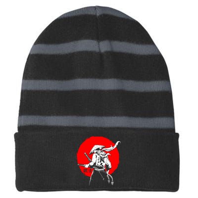 Retro Ancient Japan Samurai Warrior Tokyo Samurai Katana Striped Beanie with Solid Band