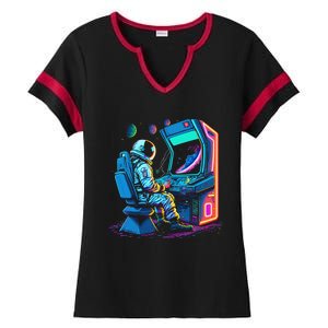 Retro Astronaut Jupiter Starship Game Spacestation Ladies Halftime Notch Neck Tee