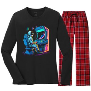 Retro Astronaut Jupiter Starship Game Spacestation Women's Long Sleeve Flannel Pajama Set 