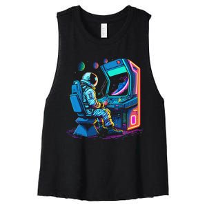 Retro Astronaut Jupiter Starship Game Spacestation Women's Racerback Cropped Tank