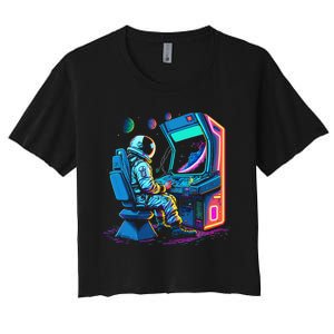 Retro Astronaut Jupiter Starship Game Spacestation Women's Crop Top Tee