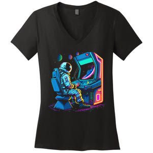 Retro Astronaut Jupiter Starship Game Spacestation Women's V-Neck T-Shirt