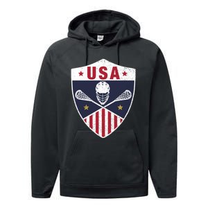 Retro American Lacrosse I Proud USA Lax Player Gift Performance Fleece Hoodie