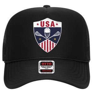 Retro American Lacrosse I Proud USA Lax Player Gift High Crown Mesh Back Trucker Hat