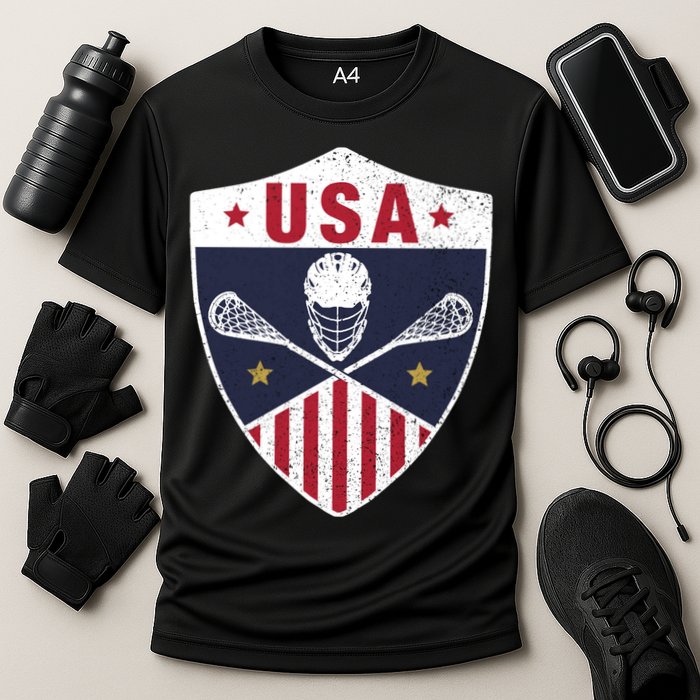 Retro American Lacrosse I Proud USA Lax Player Gift Cooling Performance Crew T-Shirt