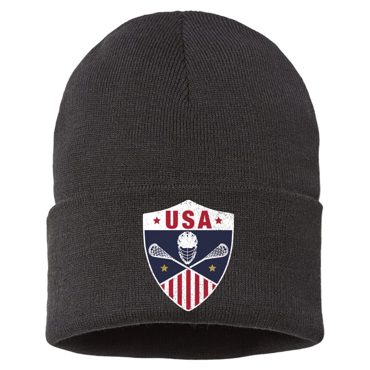 Retro American Lacrosse I Proud USA Lax Player Gift Sustainable Knit Beanie
