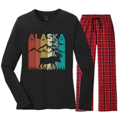 Retro Alaska Moose Vintage Vacation Trip Alaskan Landscape Women's Long Sleeve Flannel Pajama Set 