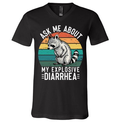 Retro Ask Me About My Explosive Diarrhea Funny Racoon V-Neck T-Shirt
