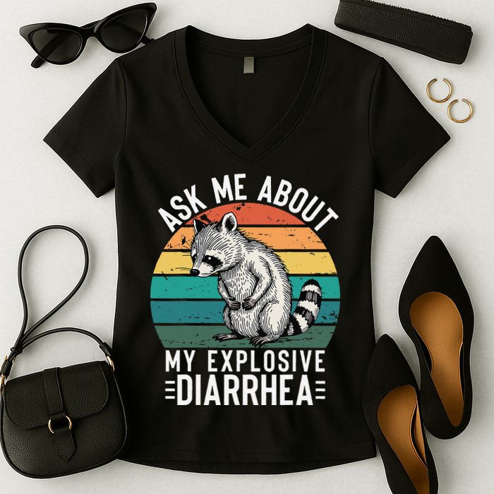Retro Ask Me About My Explosive Diarrhea Funny Racoon Women's V-Neck T-Shirt