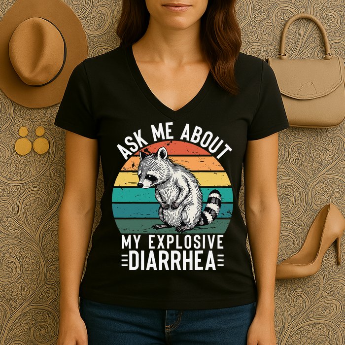 Retro Ask Me About My Explosive Diarrhea Funny Racoon Women's V-Neck T-Shirt