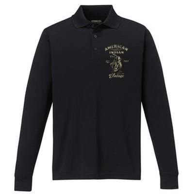 Retro American M.O.T.O.R.C.Y.C.L.E Indian For Old Biker Performance Long Sleeve Polo