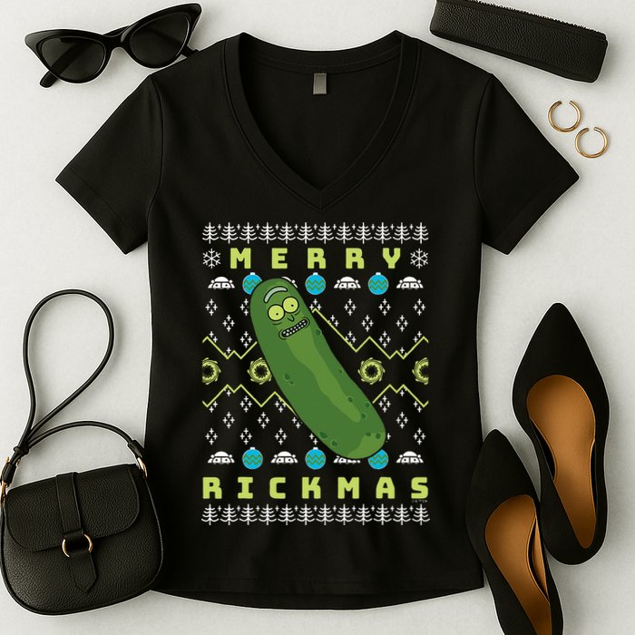 Rick and Morty Merry Pickle Rickmas Ugly Christmas  Women's V-Neck T-Shirt