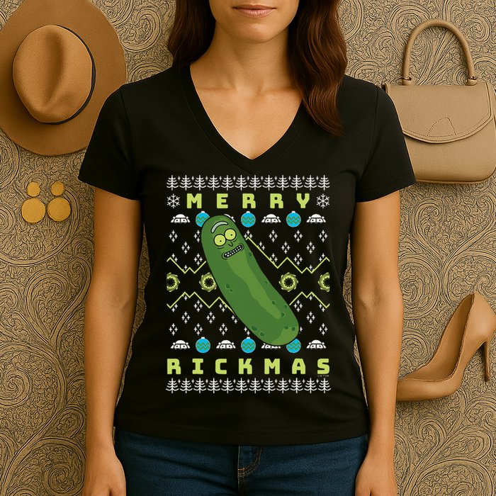 Rick and Morty Merry Pickle Rickmas Ugly Christmas  Women's V-Neck T-Shirt