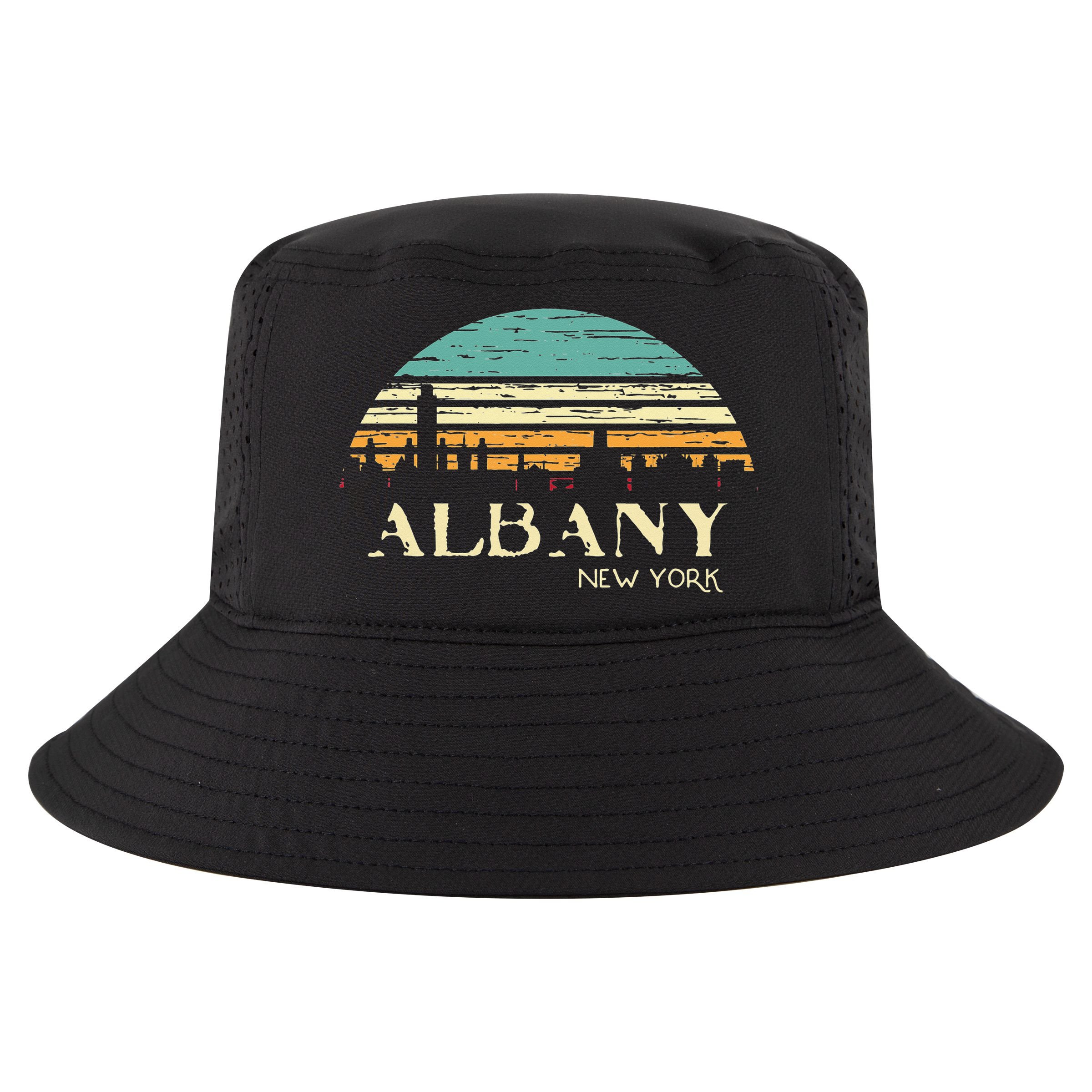 Retro Albany NY Skyline Sunset Silhouette New York Souvenir Cool Comfort Performance Bucket Hat