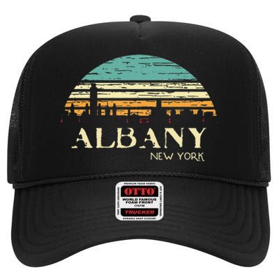 Retro Albany NY Skyline Sunset Silhouette New York Souvenir High Crown Mesh Back Trucker Hat