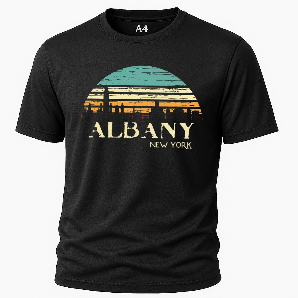 Retro Albany NY Skyline Sunset Silhouette New York Souvenir Cooling Performance Crew T-Shirt