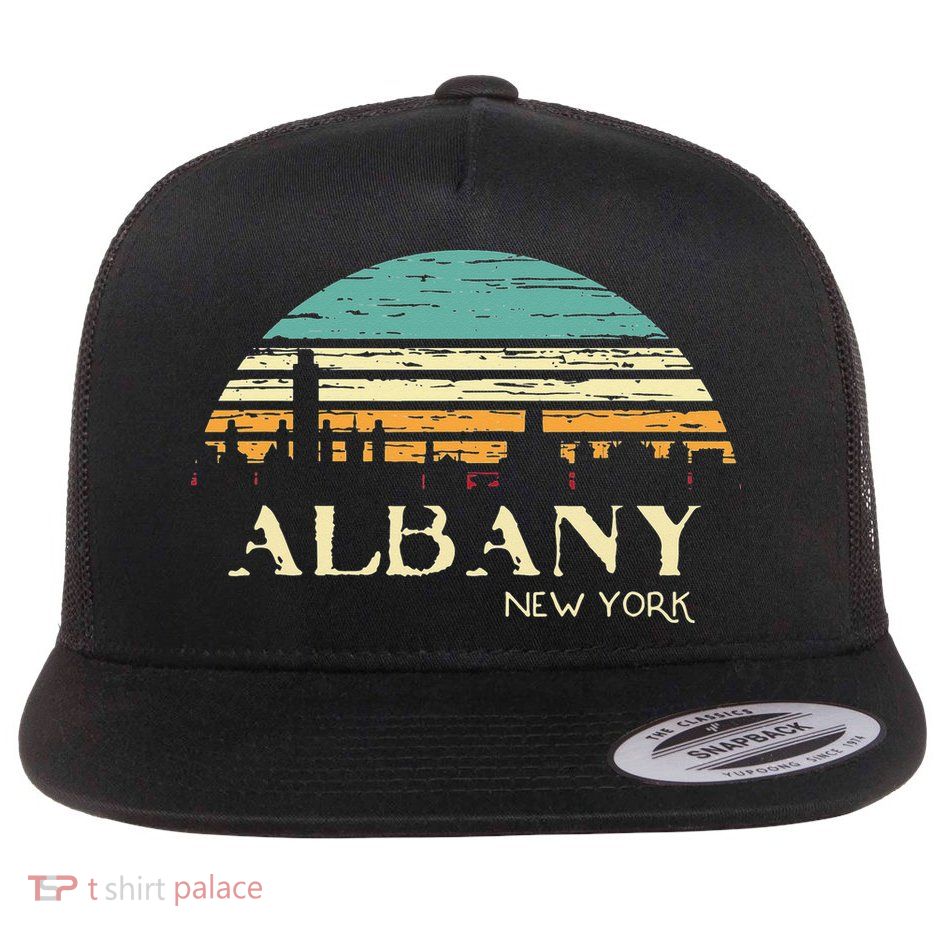 Retro Albany NY Skyline Sunset Silhouette New York Souvenir Flat Bill Trucker Hat