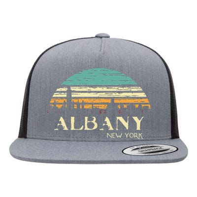 Retro Albany NY Skyline Sunset Silhouette New York Souvenir Flat Bill Trucker Hat