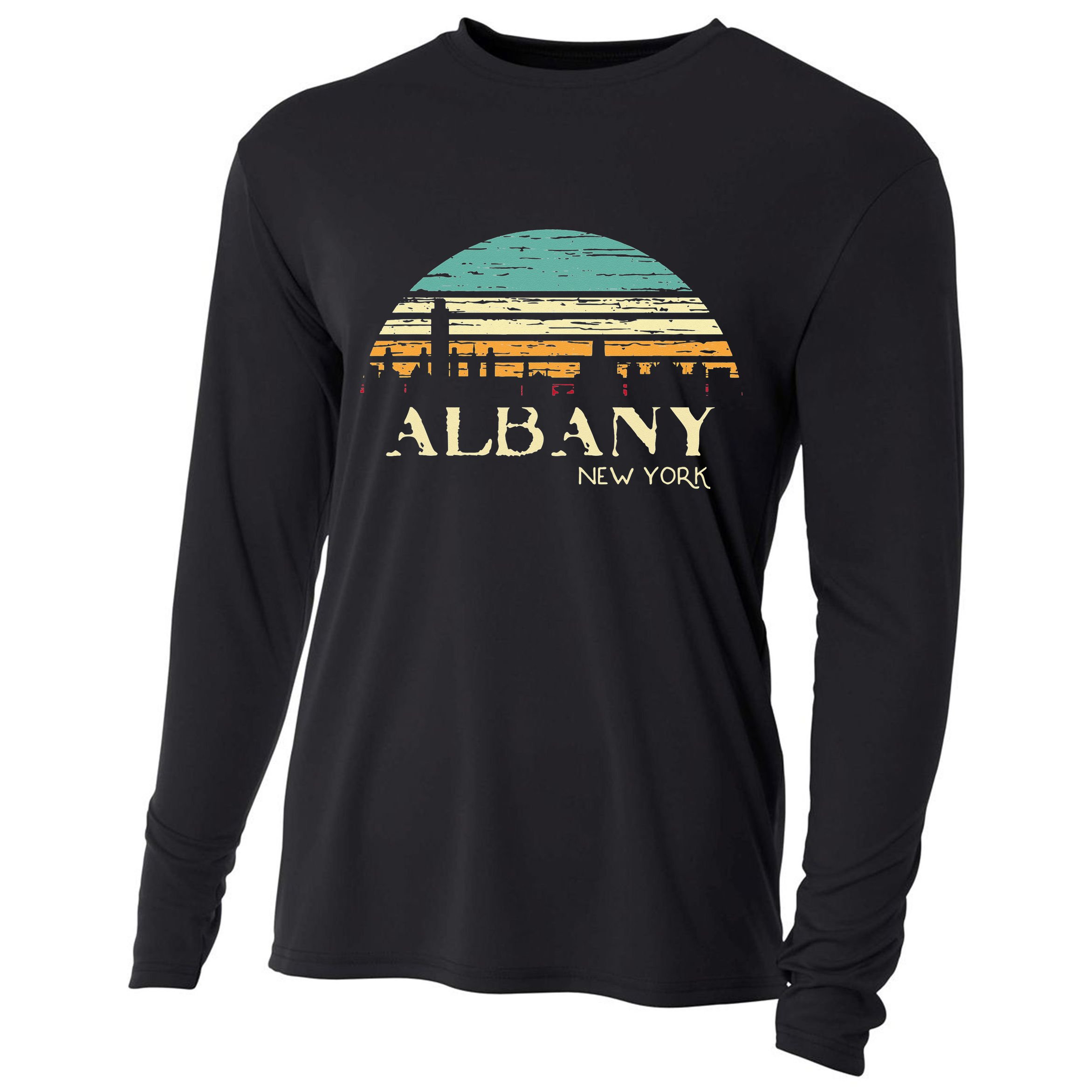 Retro Albany NY Skyline Sunset Silhouette New York Souvenir Cooling Performance Long Sleeve Crew