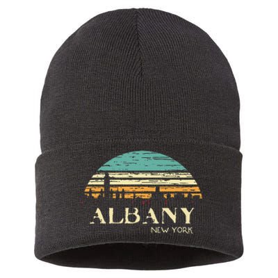 Retro Albany NY Skyline Sunset Silhouette New York Souvenir Sustainable Knit Beanie