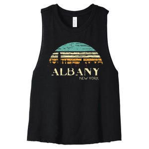 Retro Albany NY Skyline Sunset Silhouette New York Souvenir Women's Racerback Cropped Tank