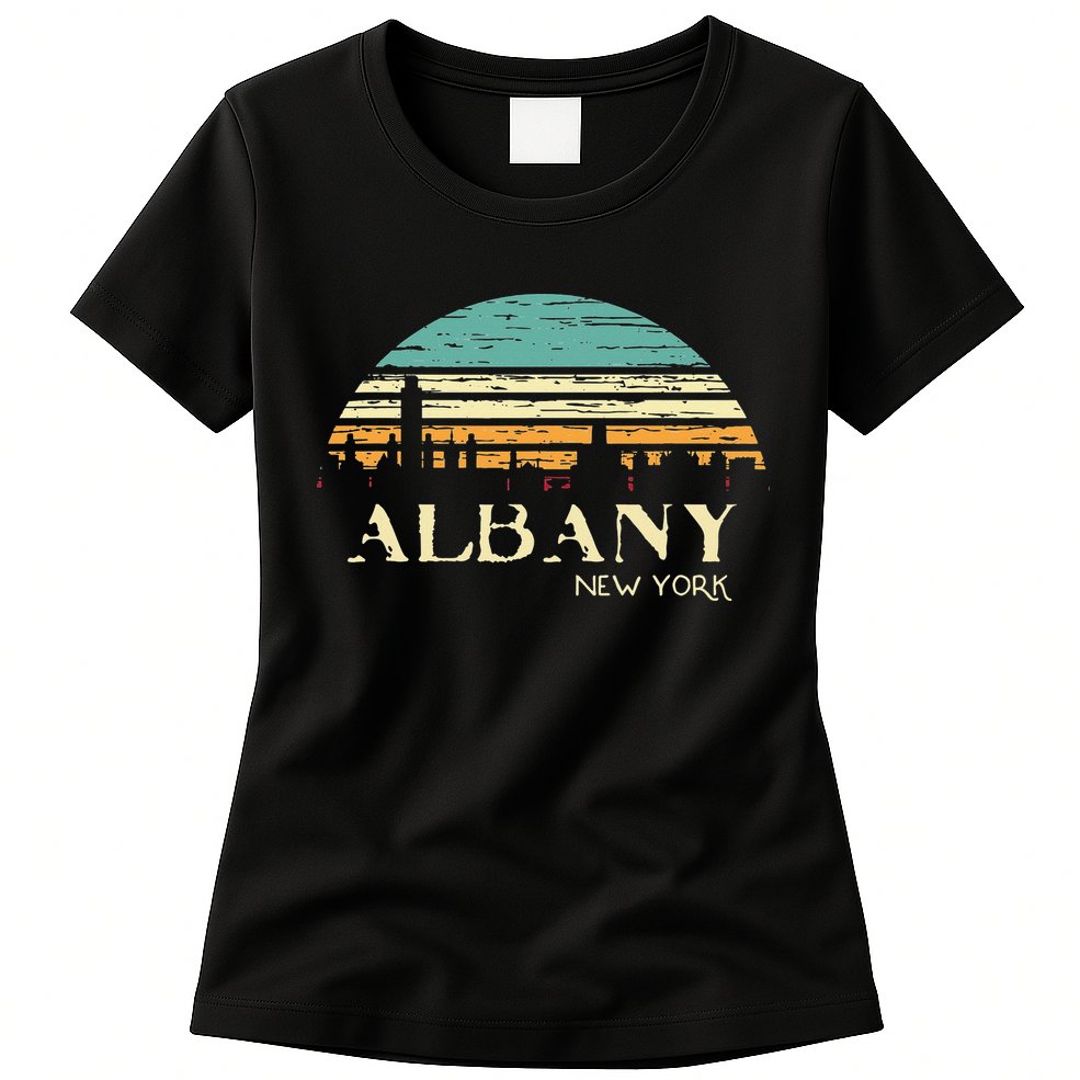 Retro Albany NY Skyline Sunset Silhouette New York Souvenir Womens T-Shirt
