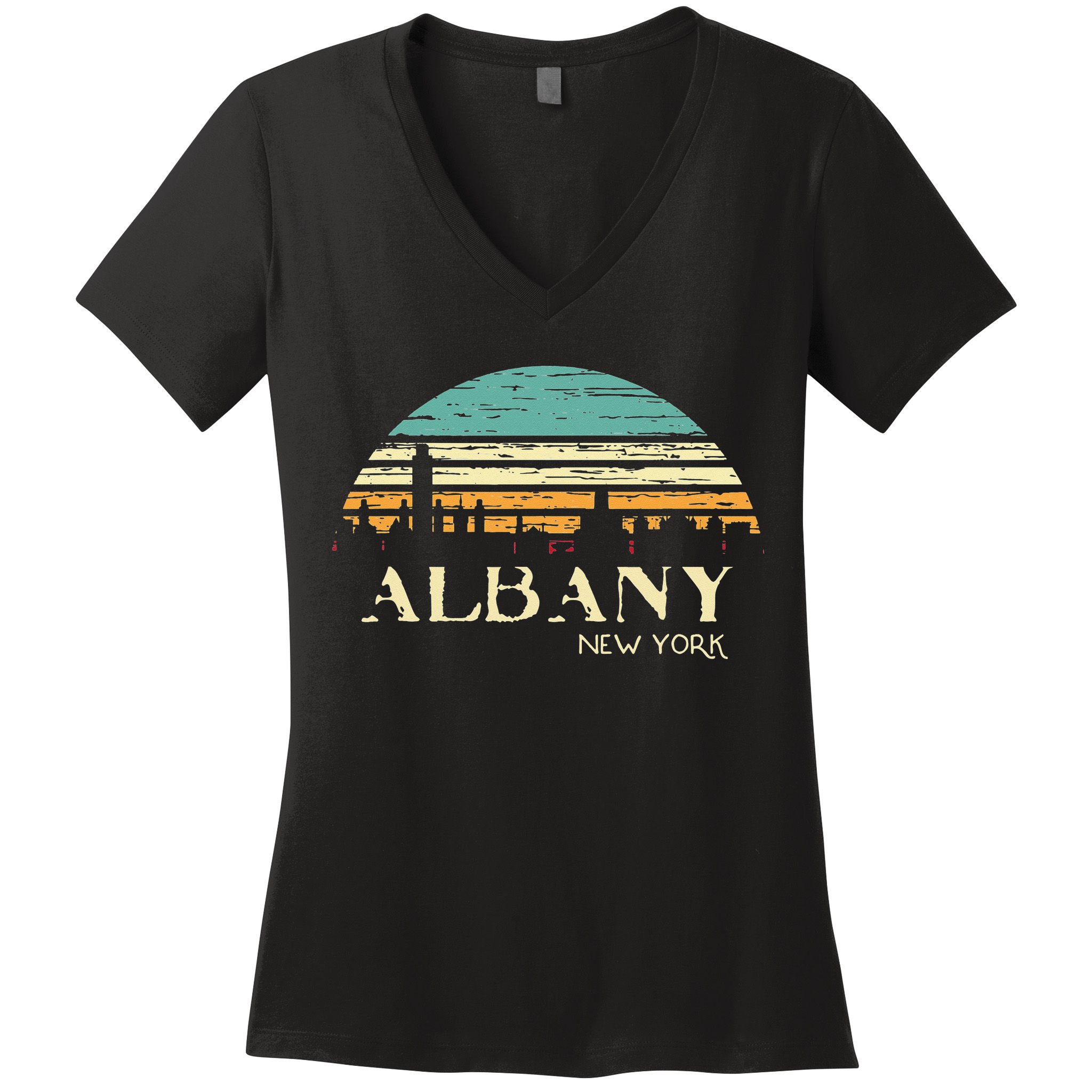 Retro Albany NY Skyline Sunset Silhouette New York Souvenir Women's V-Neck T-Shirt