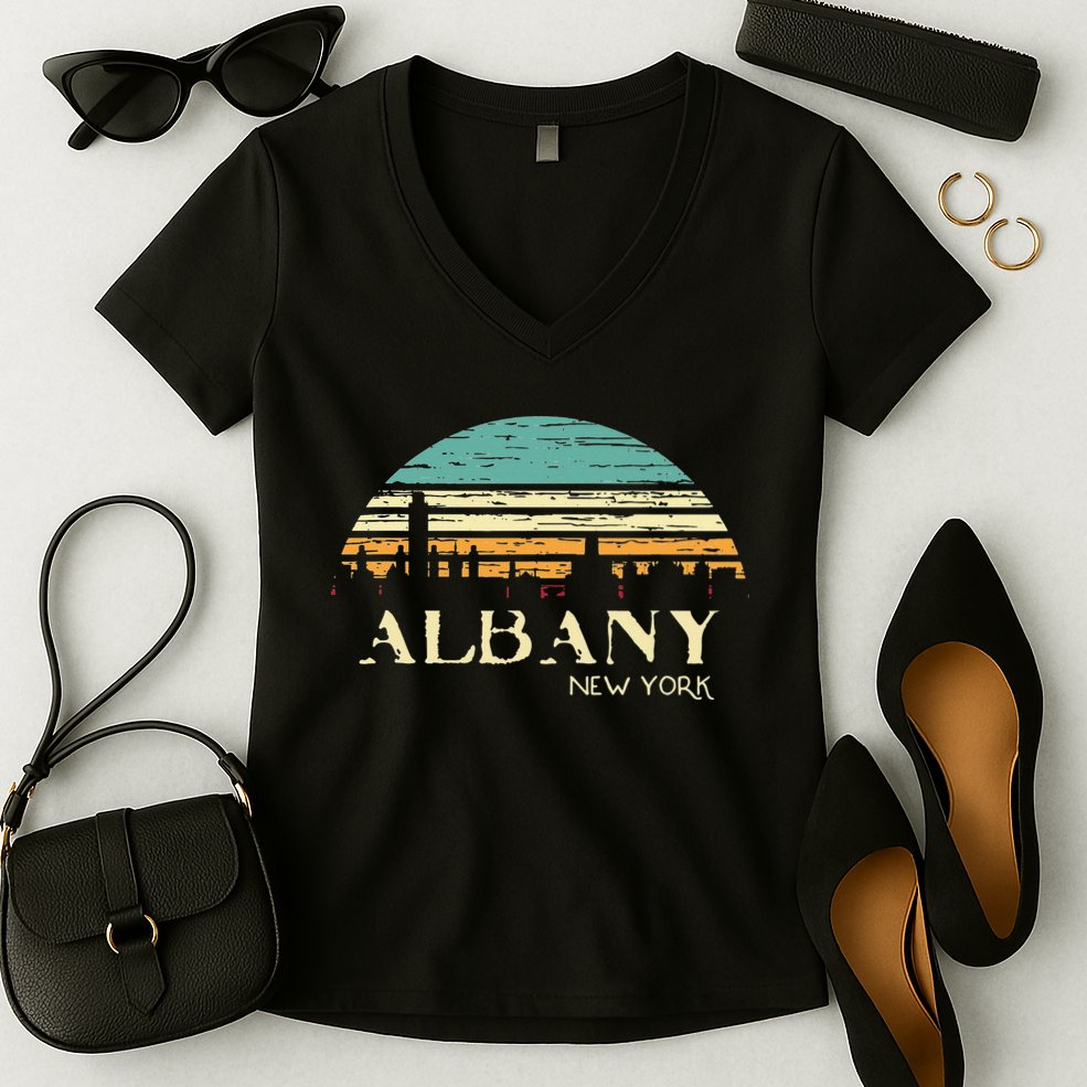 Retro Albany NY Skyline Sunset Silhouette New York Souvenir Women's V-Neck T-Shirt