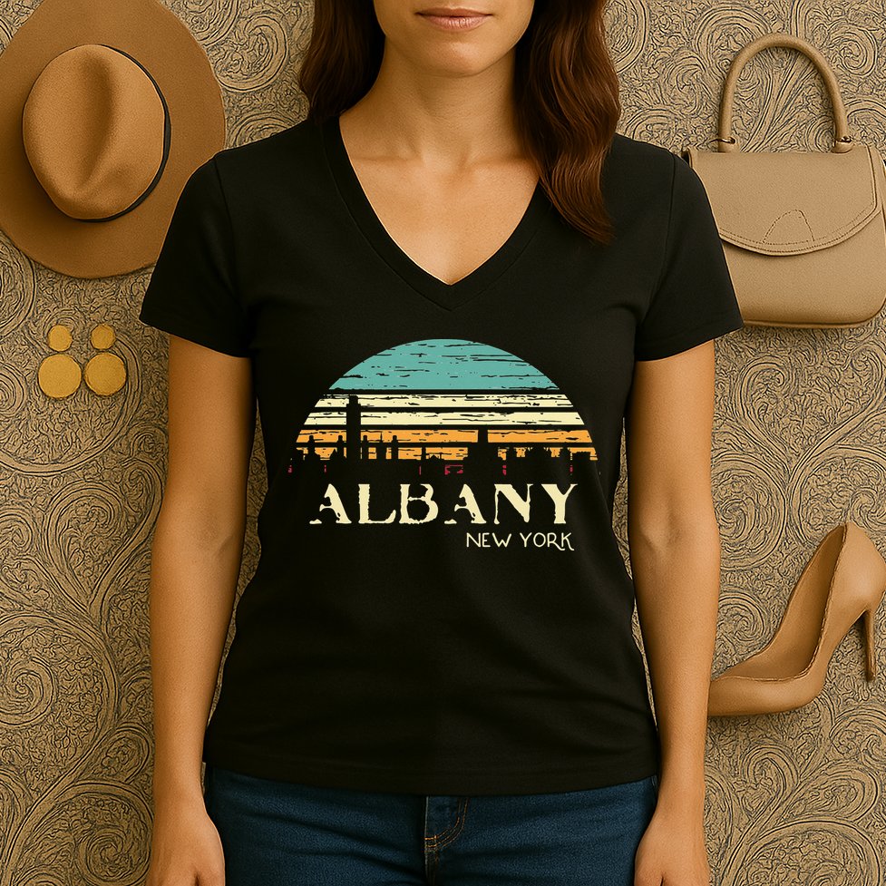 Retro Albany NY Skyline Sunset Silhouette New York Souvenir Women's V-Neck T-Shirt