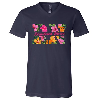 Rn Aloha Nurse Tropical Flowers Summer Hawaii Rn Beach Vibe V-Neck T-Shirt