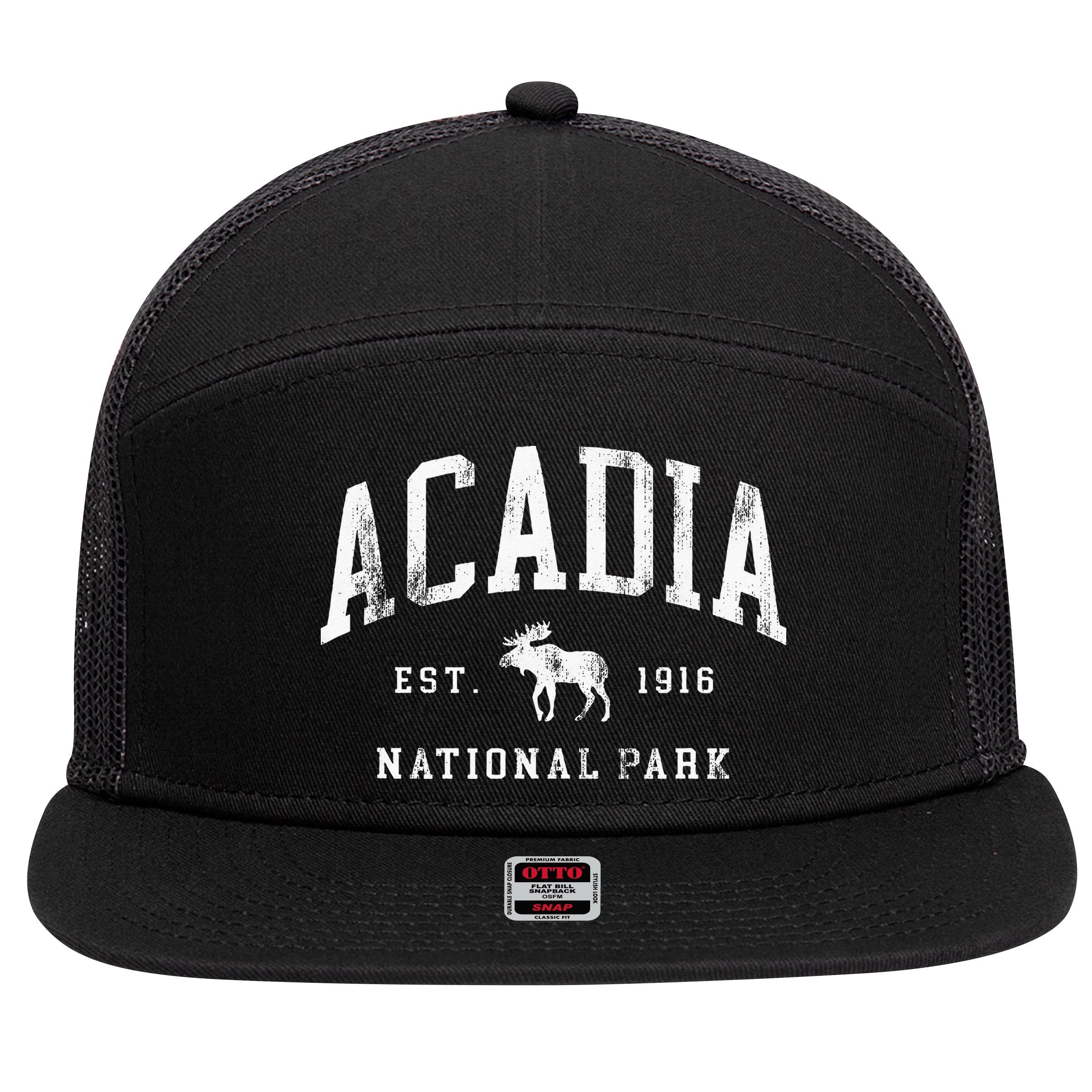 Retro Acadia National Park Maine Est 1916 Hiking 7 Panel Mesh Trucker Snapback Hat