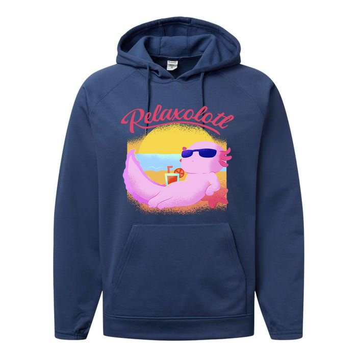 Relaxolotl Axolotl On Vacation Summer Beach Fun In The Sun Performance Fleece Hoodie