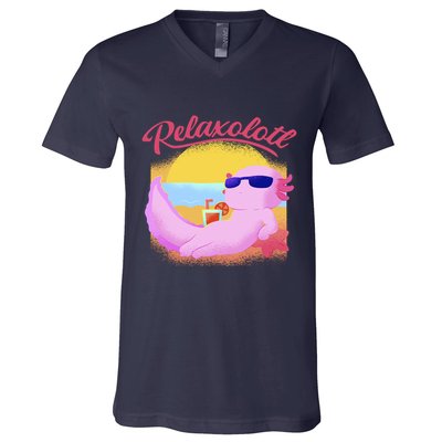 Relaxolotl Axolotl On Vacation Summer Beach Fun In The Sun V-Neck T-Shirt