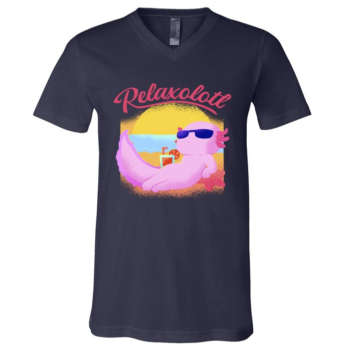 Relaxolotl Axolotl On Vacation Summer Beach Fun In The Sun V-Neck T-Shirt