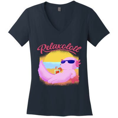 Relaxolotl Axolotl On Vacation Summer Beach Fun In The Sun Women's V-Neck T-Shirt