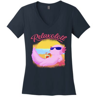 Relaxolotl Axolotl On Vacation Summer Beach Fun In The Sun Women's V-Neck T-Shirt