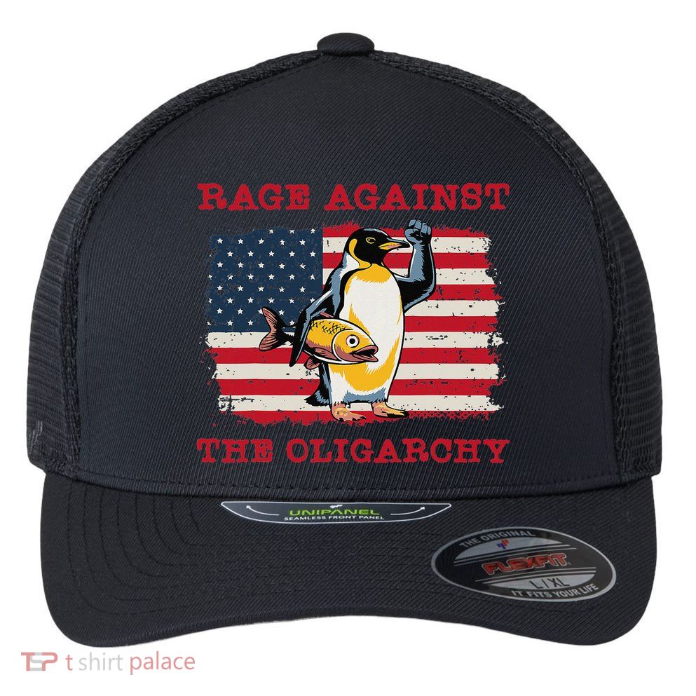Rage Against Oligarchy Penguin Hands Off Fight Resist Flexfit Unipanel Trucker Cap